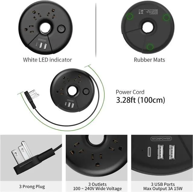 Alt view image 7 of 7 - i Donut Travel Power Strip, NTONPOWER Portable Desktop Charging Station 3 USB Without Surge Protector Short Extension Cord 3.28ft Compact for Home, Office, Cruise Ships, Business Trip, Hotels, Black