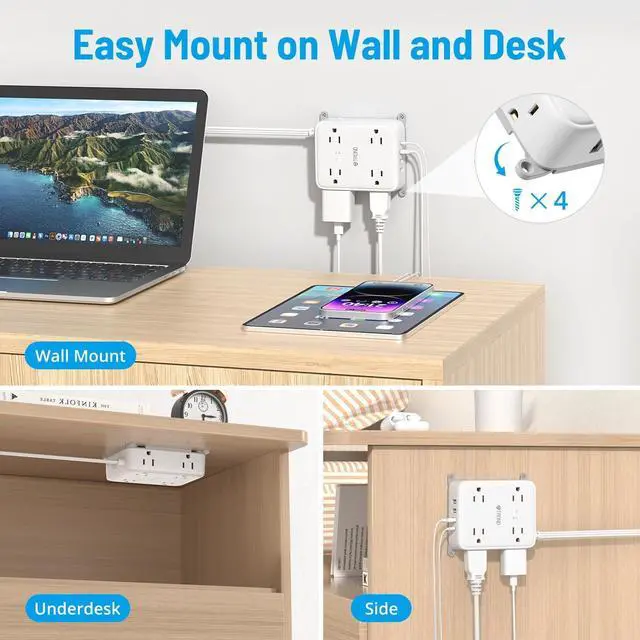 Alt view image 3 of 7 - TROND Surge Protector Power Strip with USB, Ultra Thin Flat Plug 5ft Extension Cord 1625W, 3 USB A & 1 USB C, 8AC Outlets 1440J Surge Protection Wall Mount for Home Office Dorm Room Essentials, White