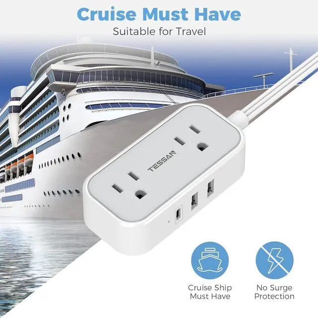 Alt view image 2 of 6 - Small Flat Plug Power Strip for Cruise Ship, TESSAN Ultra Thin Extension Cord with 3 USB (1 USB C) and 2 Outlets Mini Charging Station, 5 ft Slim Plug for Travel Office School Dorm Room Essentials