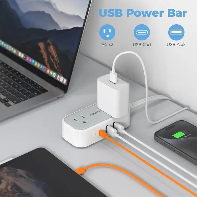 Alt view image 5 of 6 - Small Flat Plug Power Strip for Cruise Ship, TESSAN Ultra Thin Extension Cord with 3 USB (1 USB C) and 2 Outlets Mini Charging Station, 5 ft Slim Plug for Travel Office School Dorm Room Essentials