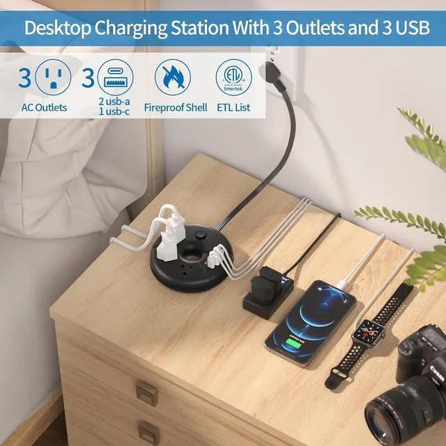 Alt view image 2 of 7 - i Donut Travel Power Strip, NTONPOWER Portable Desktop Charging Station 3 USB Without Surge Protector Short Extension Cord 3.28ft Compact for Home, Office, Cruise Ships, Business Trip, Hotels, Black
