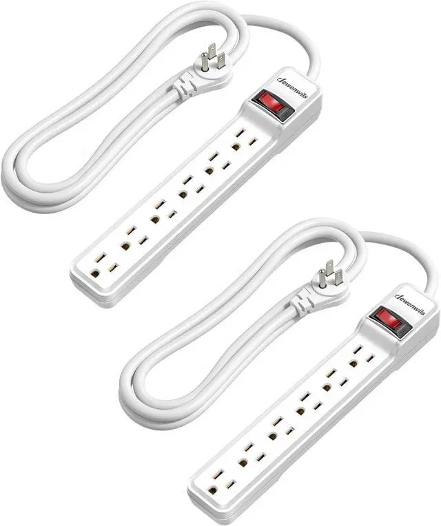 Main image of DEWENWILS 2-Pack 6-Outlet Power Strip Surge Protector with 6Ft Long Extension Cord, Low Profile Flat Plug, 15 Amp Circuit Breaker, 500 Joules, Wall Mount, White, UL Listed