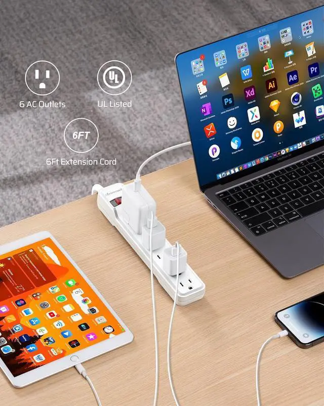 Alt view image 2 of 7 - DEWENWILS 2-Pack 6-Outlet Power Strip Surge Protector with 6Ft Long Extension Cord, Low Profile Flat Plug, 15 Amp Circuit Breaker, 500 Joules, Wall Mount, White, UL Listed