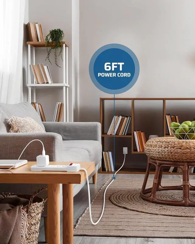 Alt view image 3 of 7 - DEWENWILS 2-Pack 6-Outlet Power Strip Surge Protector with 6Ft Long Extension Cord, Low Profile Flat Plug, 15 Amp Circuit Breaker, 500 Joules, Wall Mount, White, UL Listed