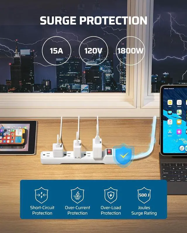 Alt view image 4 of 7 - DEWENWILS 2-Pack 6-Outlet Power Strip Surge Protector with 6Ft Long Extension Cord, Low Profile Flat Plug, 15 Amp Circuit Breaker, 500 Joules, Wall Mount, White, UL Listed