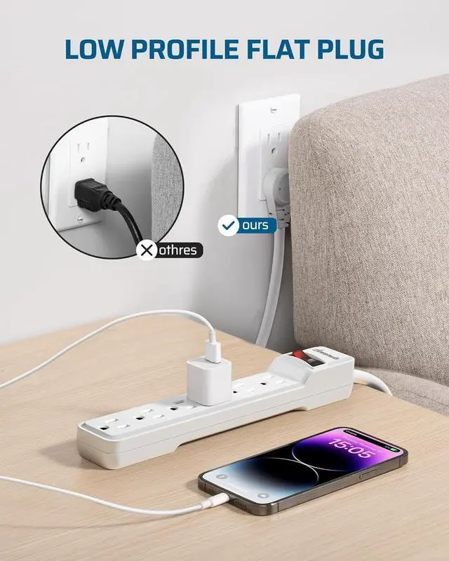 Alt view image 5 of 7 - DEWENWILS 2-Pack 6-Outlet Power Strip Surge Protector with 6Ft Long Extension Cord, Low Profile Flat Plug, 15 Amp Circuit Breaker, 500 Joules, Wall Mount, White, UL Listed