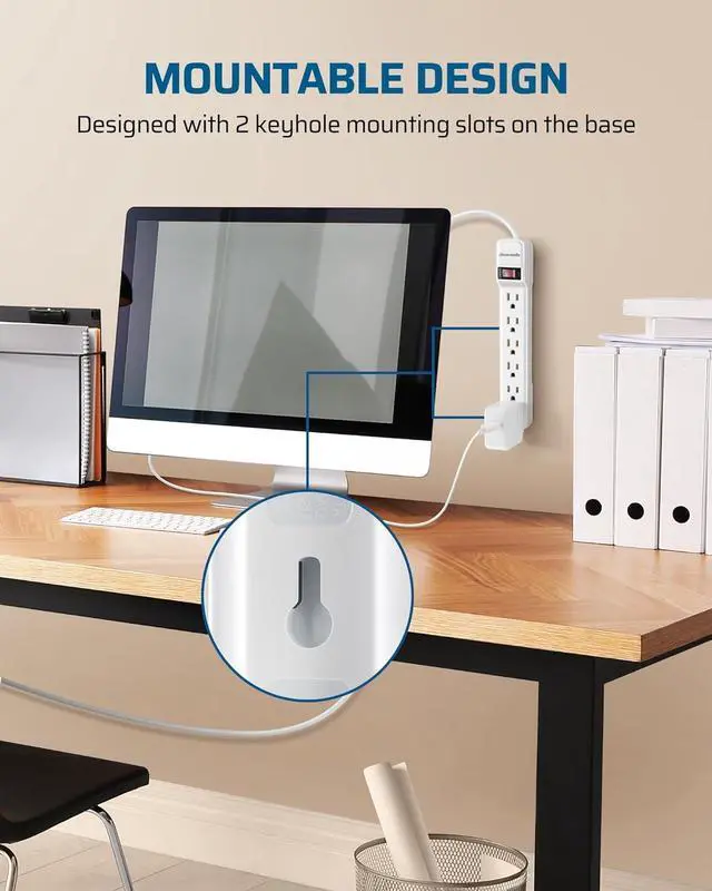 Alt view image 6 of 7 - DEWENWILS 2-Pack 6-Outlet Power Strip Surge Protector with 6Ft Long Extension Cord, Low Profile Flat Plug, 15 Amp Circuit Breaker, 500 Joules, Wall Mount, White, UL Listed