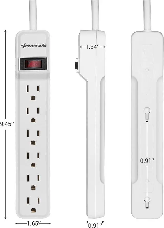 Alt view image 7 of 7 - DEWENWILS 2-Pack 6-Outlet Power Strip Surge Protector with 6Ft Long Extension Cord, Low Profile Flat Plug, 15 Amp Circuit Breaker, 500 Joules, Wall Mount, White, UL Listed