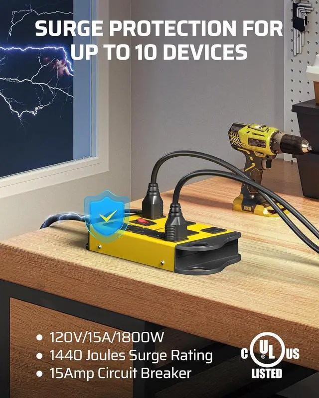 Alt view image 2 of 7 - DEWENWILS 8-Outlet Metal Power Strip Surge Protector with 2 USB Ports, UL Listed, 15 Ft Flat Plug Extension Cord, Heavy Duty Industrial Power Strip,15A Circuit Breaker, 1440Joules, Wall Mount