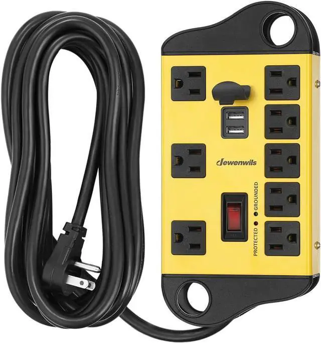Main image of DEWENWILS 8-Outlet Metal Power Strip Surge Protector with 2 USB Ports, UL Listed, 15 Ft Flat Plug Extension Cord, Heavy Duty Industrial Power Strip,15A Circuit Breaker, 1440Joules, Wall Mount