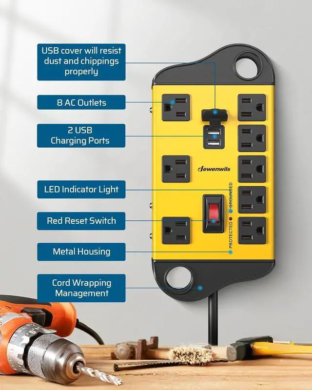 Alt view image 3 of 7 - DEWENWILS 8-Outlet Metal Power Strip Surge Protector with 2 USB Ports, UL Listed, 15 Ft Flat Plug Extension Cord, Heavy Duty Industrial Power Strip,15A Circuit Breaker, 1440Joules, Wall Mount