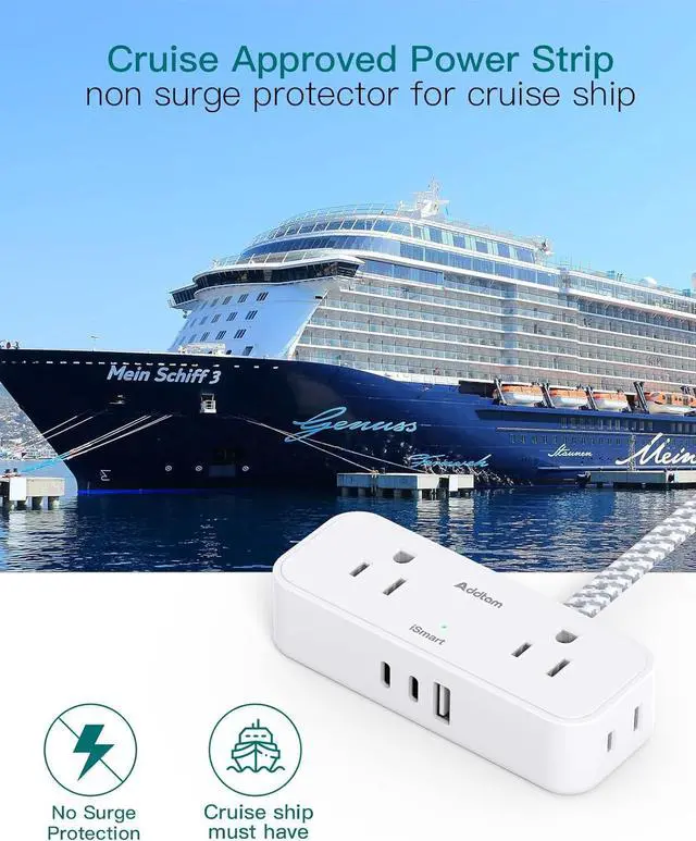 Alt view image 6 of 7 - Travel Essentials, 6 Ft Power Strip with 4 Outlets and 3 USB Ports(2 USB C), Addtam Flat Plug Small Extension Cord,Non Surge Protector for Cruise Ship, Travel, Dorm Room Essentials, ETL Listed, White