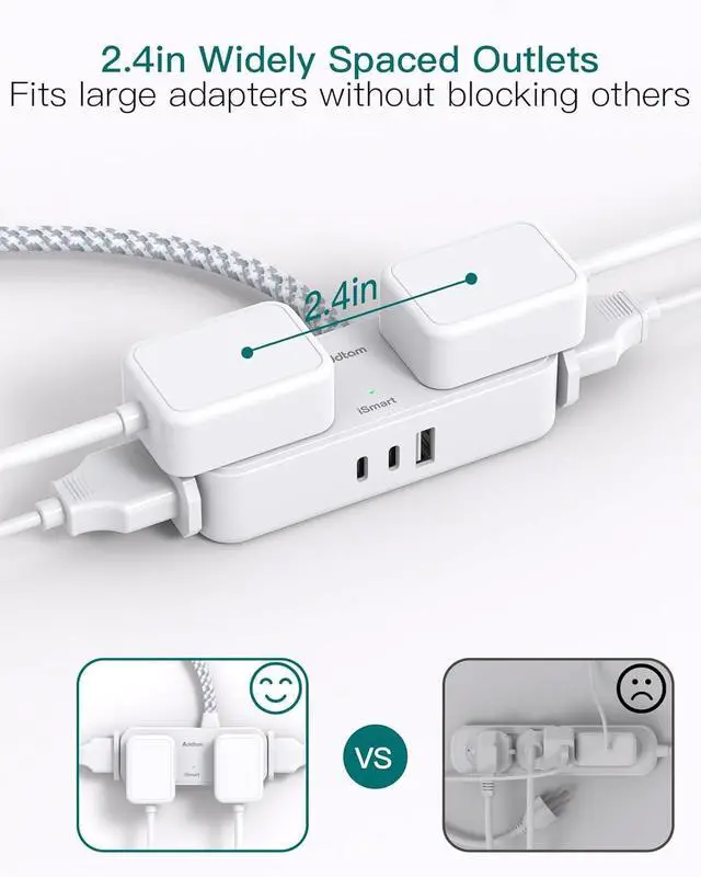 Alt view image 7 of 7 - Travel Essentials, 6 Ft Power Strip with 4 Outlets and 3 USB Ports(2 USB C), Addtam Flat Plug Small Extension Cord,Non Surge Protector for Cruise Ship, Travel, Dorm Room Essentials, ETL Listed, White