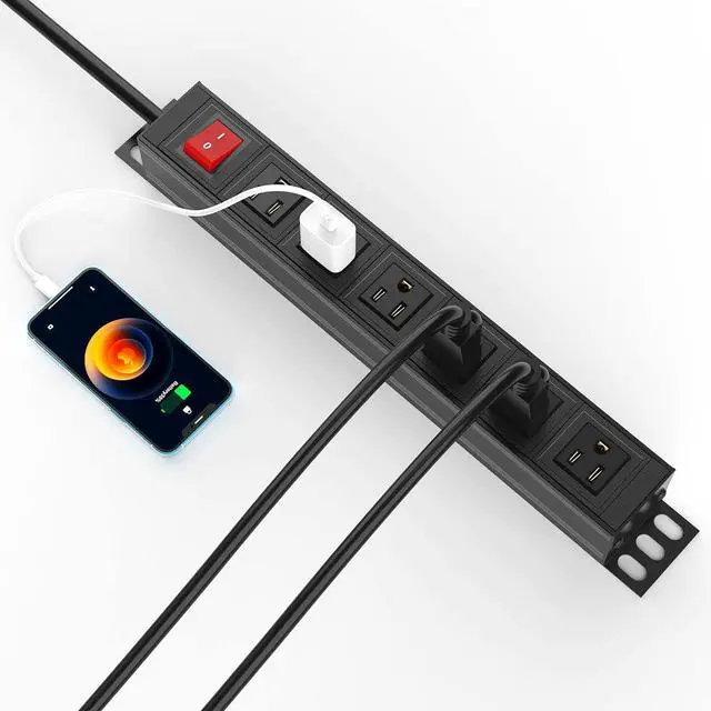 Alt view image 7 of 7 - BTU 6 Outlet Power Strip, Metal Mountable Power Strip Surge Protector, Heavy Duty Wall Mount Power Outlet for Commercial, Industrial, Workshop, 6FT Power Cord, 15A/125V 1875W (Black 6FT)