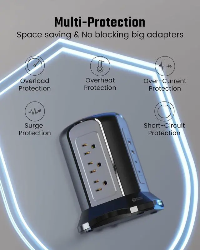Alt view image 4 of 7 - Power Strip Tower Surge Protector, SUPERDANNY Desktop Charging Station, 10 Ft Extension Cord, 9 Outlets, 4 USB Ports, 1080 Joules, 3-Prong, Grounded, Multiple Protections for Home, Office, Black