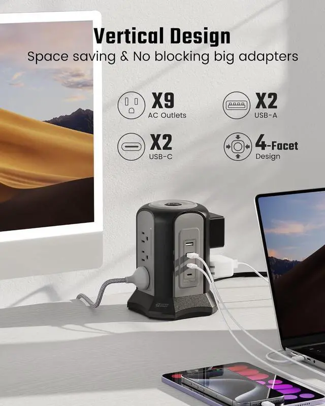 Alt view image 5 of 7 - Power Strip Tower Surge Protector, SUPERDANNY Desktop Charging Station, 10 Ft Extension Cord, 9 Outlets, 4 USB Ports, 1080 Joules, 3-Prong, Grounded, Multiple Protections for Home, Office, Black