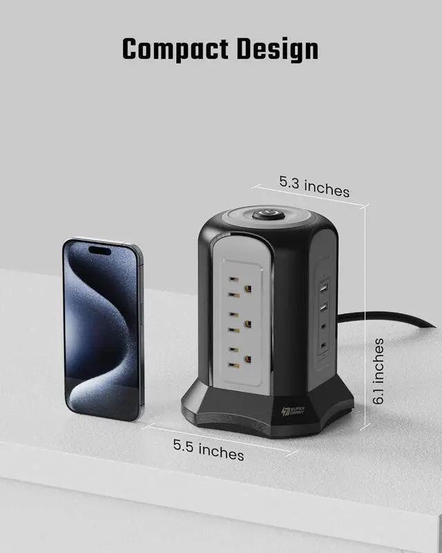 Alt view image 7 of 7 - Power Strip Tower Surge Protector, SUPERDANNY Desktop Charging Station, 10 Ft Extension Cord, 9 Outlets, 4 USB Ports, 1080 Joules, 3-Prong, Grounded, Multiple Protections for Home, Office, Black