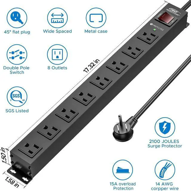 Alt view image 2 of 7 - CRST 8 Outlet Metal Heavy Duty Power Strip, 2100J Surge Protector, 6FT Cord Mountable Wide Spaced Industrial Long Power Strip,15A/1875W