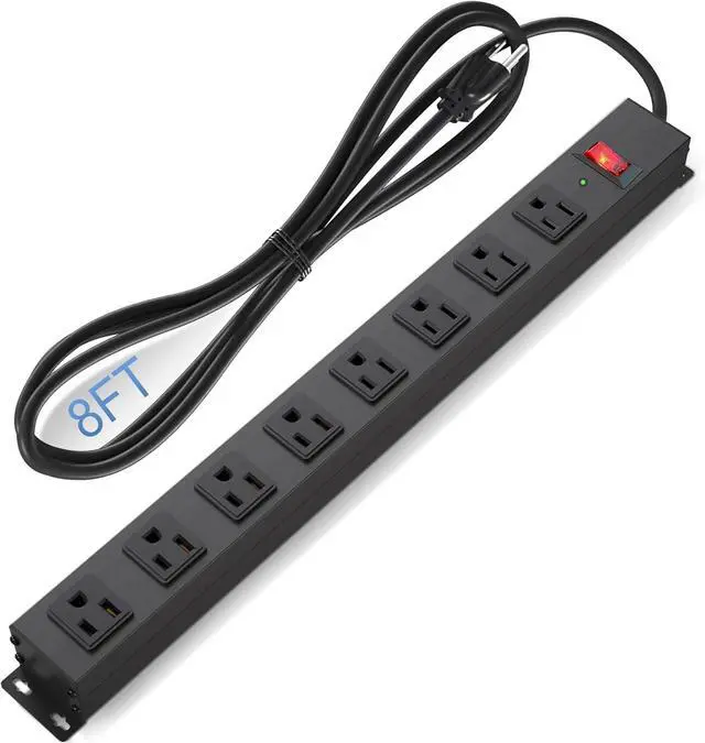 Main image of 8 Outlet Power Strip Surge Protector, 8 Feet Metal Power Strip Heavy Duty with Switch for Home Office School Shop Garage, Wall Mount with Screw, 2100J 15A 125V 1875W, 14AWG, SGS Listed, Black