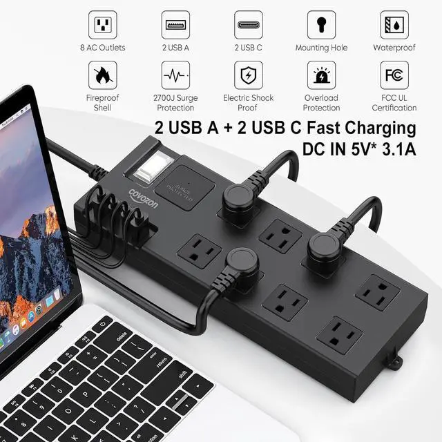 Alt view image 2 of 7 - Surge Protector Power Strip Waterproof, Outdoor Extension Cord Multiple Outlets with USB A + C Fast Charging, Waterproof Electrical Box Electrical Outlet Box Extender Power Strip 6ft 10ft 15ft 20ft