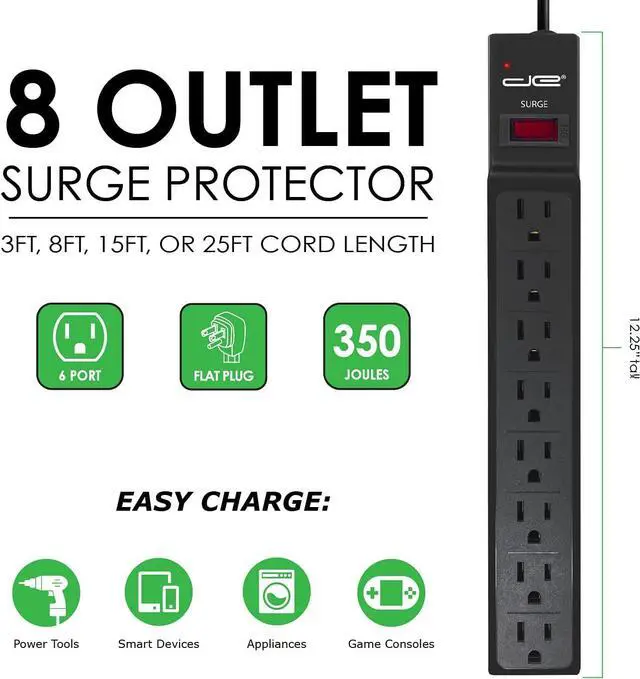 Alt view image 2 of 6 - Digital Energy 25 FT 8 Outlet Surge Protector Power Strip - 15 AMP, 1875 W, 125 V, 350 J Surge Protection, ETL Listed - Flat Plug, Black