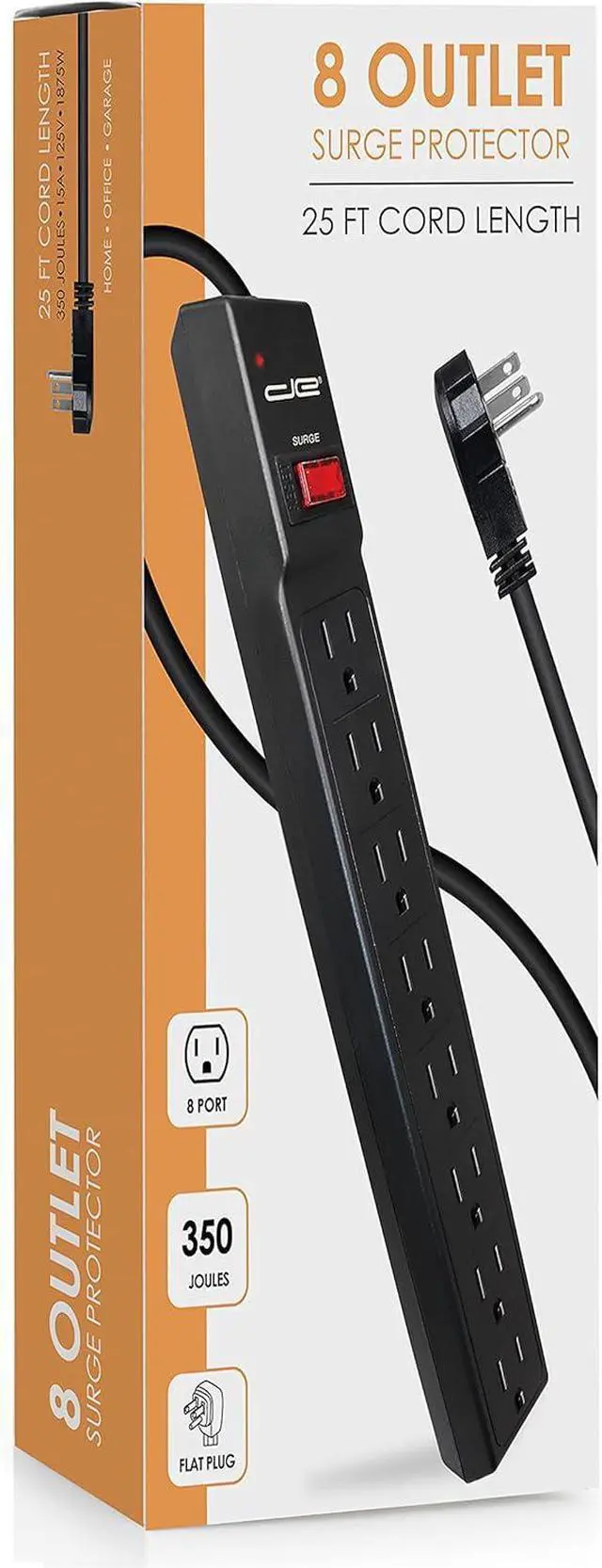 Alt view image 6 of 6 - Digital Energy 25 FT 8 Outlet Surge Protector Power Strip - 15 AMP, 1875 W, 125 V, 350 J Surge Protection, ETL Listed - Flat Plug, Black