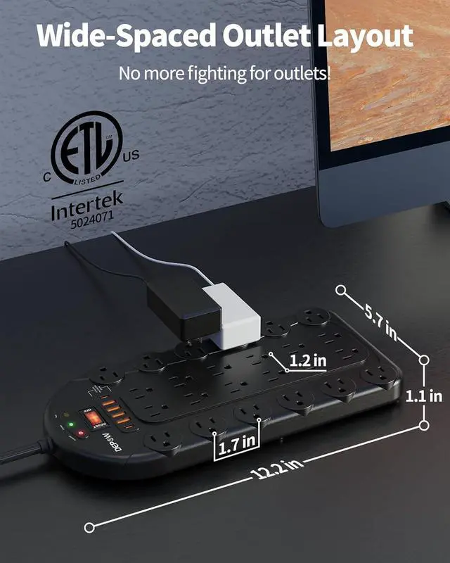 Alt view image 3 of 7 - Power Strip, 24 AC Outlets (1875W/15A) with 6 USBs (2 USB-C Ports), ETL Listed, Surge Protector (3,400 Joules), 8 Ft Heavy Duty Flat Plug Extension Cord, Wall Mountable for Home, Office, Black