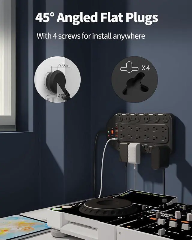Alt view image 6 of 7 - Power Strip, 24 AC Outlets (1875W/15A) with 6 USBs (2 USB-C Ports), ETL Listed, Surge Protector (3,400 Joules), 8 Ft Heavy Duty Flat Plug Extension Cord, Wall Mountable for Home, Office, Black