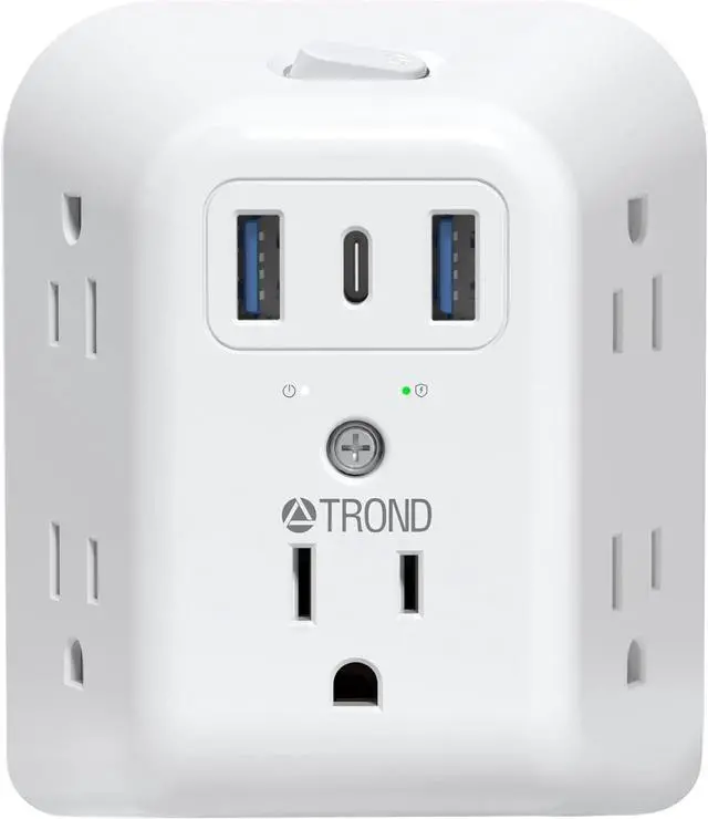 Main image of TROND 2 Prong Power Strip USB, 2 to 3 Prong Outlet Adapter, 5 Outlet Splitter with 3 USB Ports(1 USB-C), Wall Mount 1440J Surge Protector with ON/Off, Polarized Plug, for Non-Grounded Plug Old House