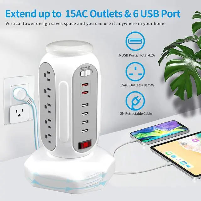 Alt view image 6 of 7 - Power Strip Tower 15 Outlets 6 USB Ports, Surge Protector with Colorful led Light & USB Fast Charger,Desktop Charging Station with 6.5ft Heavy Duty Extension Cord for Home Office(White)
