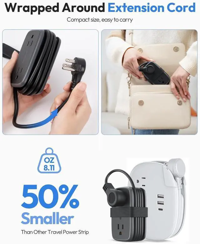 Alt view image 4 of 7 - Travel Power Strip with USB C Port, NTONPOWER Flat Plug Extension Cord with 4 Outlets 3 USB (1 USB C) for Cruise Ship Essentials, 4ft Wrapped Short Extension Cord for Hotel Dorm Room,1 Pack