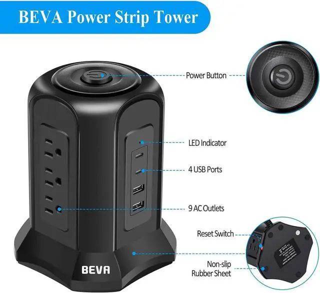 Alt view image 2 of 7 - Power Strip Tower Surge Protector BEVA 10ft Flat Plug Desktop Charging Station 9 AC Outlets 4 USB Ports, 900 Joules, Long Extension Cord for Home Office Appliances Smartphones Computer Tablets(Black)