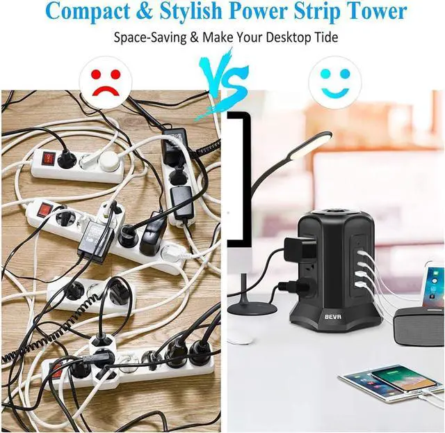 Alt view image 7 of 7 - Power Strip Tower Surge Protector BEVA 10ft Flat Plug Desktop Charging Station 9 AC Outlets 4 USB Ports, 900 Joules, Long Extension Cord for Home Office Appliances Smartphones Computer Tablets(Black)