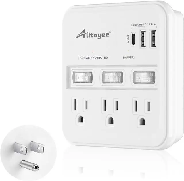 Main image of Alitayee Wall Outlet Extender Surge Protector, USB Power Strips with Individual Switches and 15.5W Type-C Fast Charging Ports for Cell Phone,Home,Office,Dorm ETL Listed White