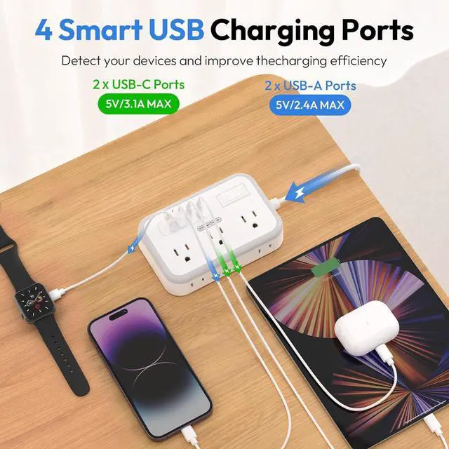 Alt view image 3 of 7 - Surge Protector Power Strip 10 ft, Flat Plug Extension Cord with 6 Outlets 4 USB Ports, Outlet Extender Long Cord, Overload Protection, Extension Cord with Multiple Outlets for Indoor, Home, Office
