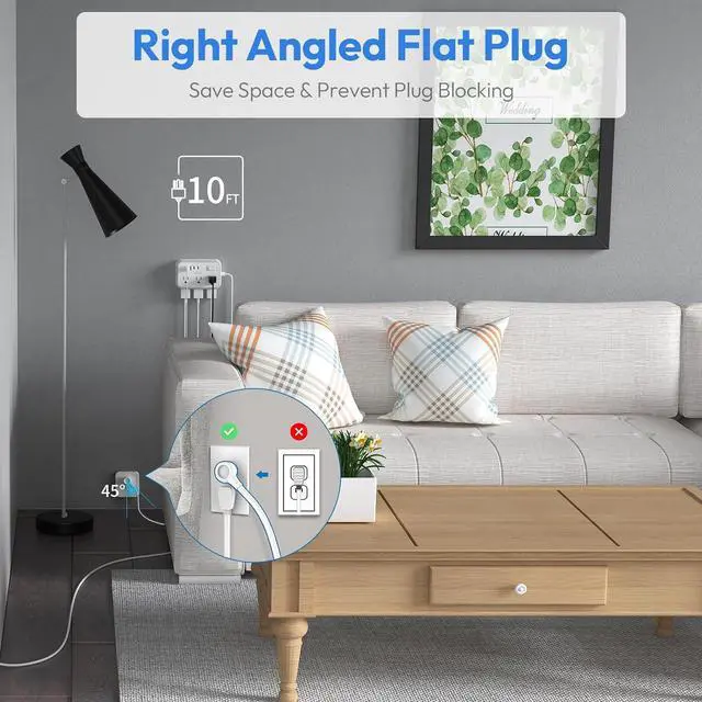 Alt view image 5 of 7 - Surge Protector Power Strip 10 ft, Flat Plug Extension Cord with 6 Outlets 4 USB Ports, Outlet Extender Long Cord, Overload Protection, Extension Cord with Multiple Outlets for Indoor, Home, Office