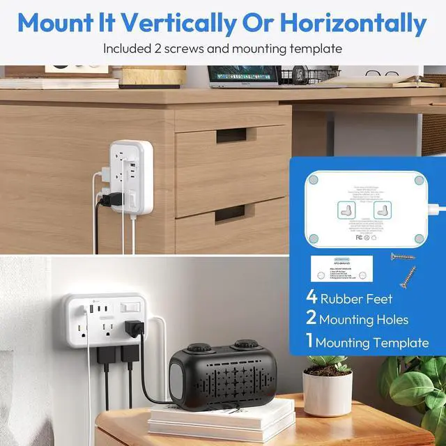 Alt view image 6 of 7 - Surge Protector Power Strip 10 ft, Flat Plug Extension Cord with 6 Outlets 4 USB Ports, Outlet Extender Long Cord, Overload Protection, Extension Cord with Multiple Outlets for Indoor, Home, Office