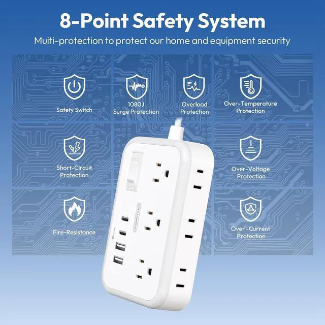 Alt view image 7 of 7 - Surge Protector Power Strip 10 ft, Flat Plug Extension Cord with 6 Outlets 4 USB Ports, Outlet Extender Long Cord, Overload Protection, Extension Cord with Multiple Outlets for Indoor, Home, Office