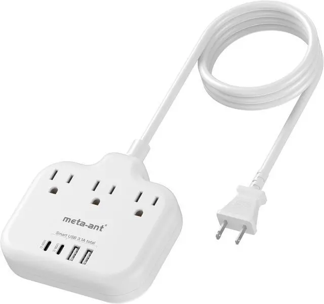 Main image of 2 Prong Power Strip with USB C, meta-ant 2 Prong to 3 Prong Outlet Adapter, Two Prong Power Strip with 3 Outlets & 4 USB(2 USB-C), 4ft Extension Cord 2 Prong Outlet, Polarized, for Old House, White