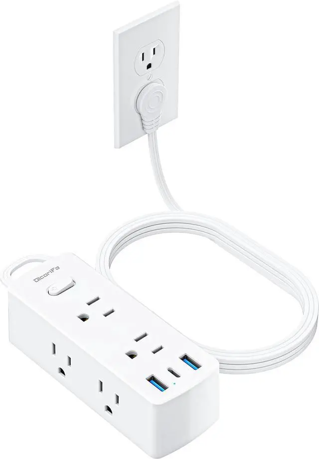 Main image of Power Strip Surge Protector, Olcorife Ultra Thin Flat Plug Extension Cord 5ft, 6 Outlets 3 USB Ports(1 USB C), 3 Sided Outlet Extender for Home Office Travel Dorm Room Essentials, White