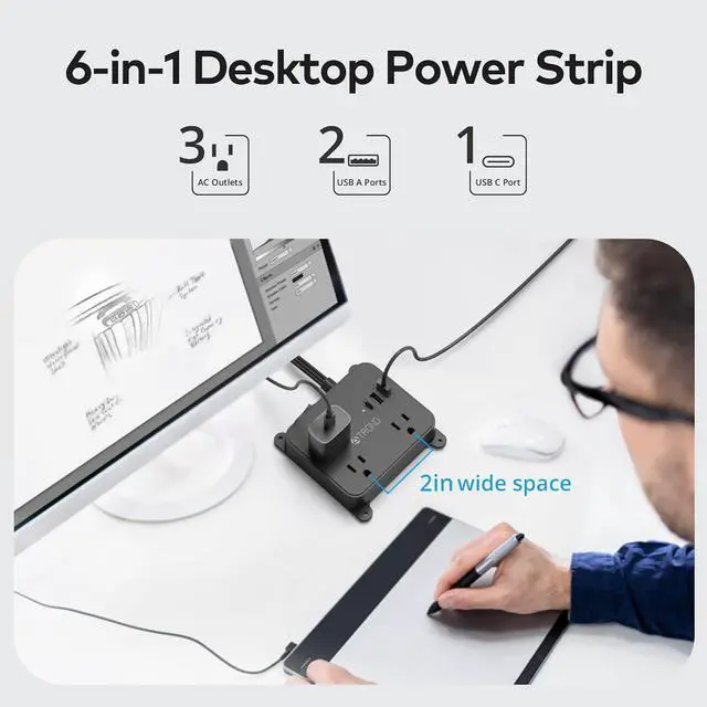 Alt view image 3 of 7 - TROND Ultra Thin Flat Extension Cord, Flat Plug Power Strip with 3 USB Charger, 3 AC Outlets Desktop Charging Station, Wall Mount Low Profile Power Strip for Home, Bedroom, Dorm Room Essentials Black