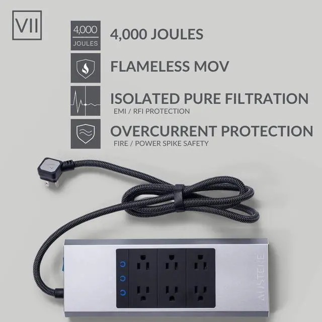Alt view image 4 of 7 - Austere VII Series, 6 Outlet Surge Protector Power Strip, 4000 Joules, Isolated EMI/RFI Filtering, 1 USB-C 45W Fast Charger, 2 USB-C and 2 USB-A 2.4 amp Ports, 7 Year Component Guarantee