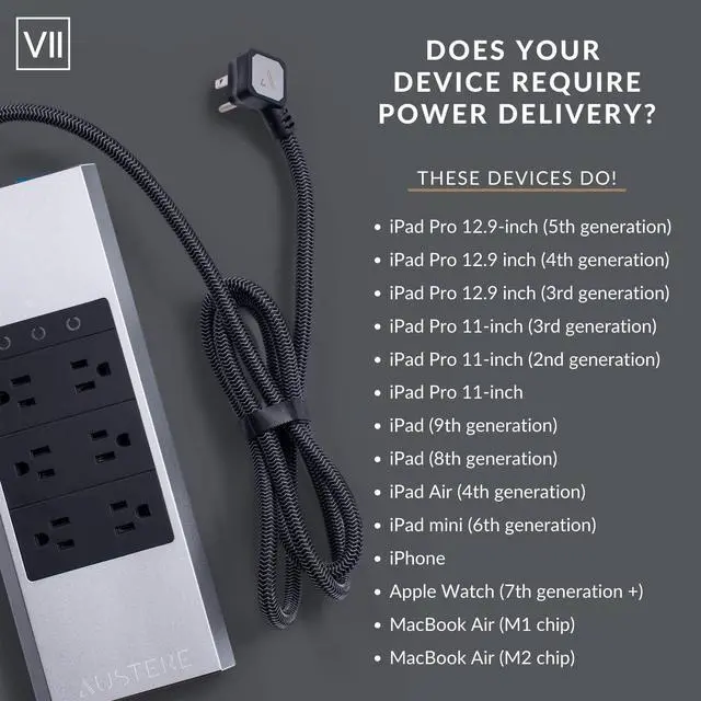 Alt view image 6 of 7 - Austere VII Series, 6 Outlet Surge Protector Power Strip, 4000 Joules, Isolated EMI/RFI Filtering, 1 USB-C 45W Fast Charger, 2 USB-C and 2 USB-A 2.4 amp Ports, 7 Year Component Guarantee