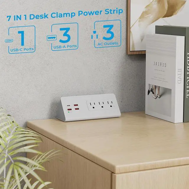 Alt view image 2 of 7 - Nightstand Power Strip with USB C, Haiaoyyds Desk Edge Mount Power Hub with 3 Outlets, 4 Fast Charging USB Ports, and 6.56FT Flat Plug Extension Cord for Desk Home Office Accessories, White