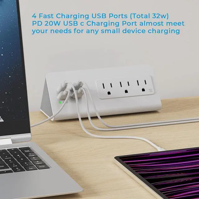 Alt view image 4 of 7 - Nightstand Power Strip with USB C, Haiaoyyds Desk Edge Mount Power Hub with 3 Outlets, 4 Fast Charging USB Ports, and 6.56FT Flat Plug Extension Cord for Desk Home Office Accessories, White