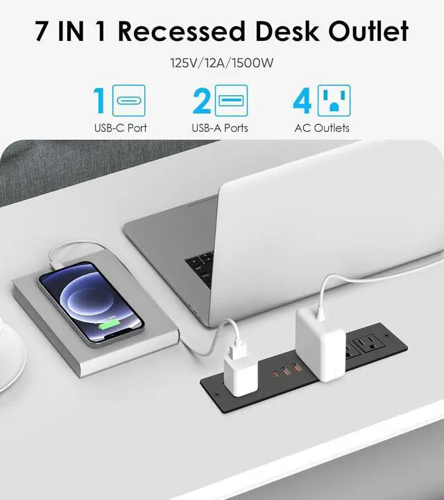 Alt view image 2 of 7 - VILONG Recessed Power Strip with PD 20W USB-C, Flush Mounted Drawer Outlet, 4 Outlets & 3 USB Ports, Conference Desktop Built in Power Strip, 6.5FT Extension Cord(Black)