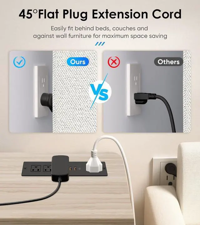 Alt view image 3 of 7 - VILONG Recessed Power Strip with PD 20W USB-C, Flush Mounted Drawer Outlet, 4 Outlets & 3 USB Ports, Conference Desktop Built in Power Strip, 6.5FT Extension Cord(Black)