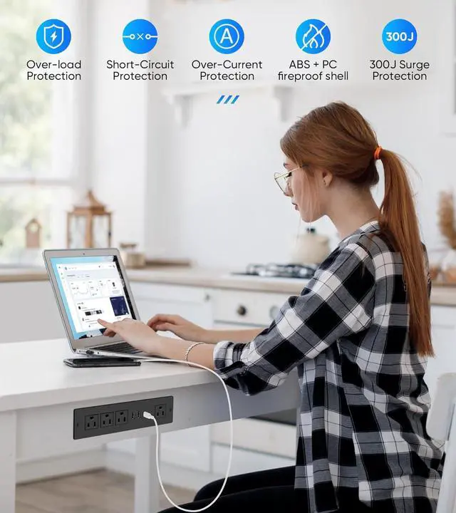 Alt view image 5 of 7 - VILONG Recessed Power Strip with PD 20W USB-C, Flush Mounted Drawer Outlet, 4 Outlets & 3 USB Ports, Conference Desktop Built in Power Strip, 6.5FT Extension Cord(Black)