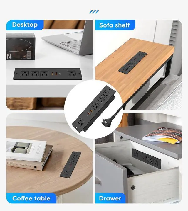 Alt view image 6 of 7 - VILONG Recessed Power Strip with PD 20W USB-C, Flush Mounted Drawer Outlet, 4 Outlets & 3 USB Ports, Conference Desktop Built in Power Strip, 6.5FT Extension Cord(Black)