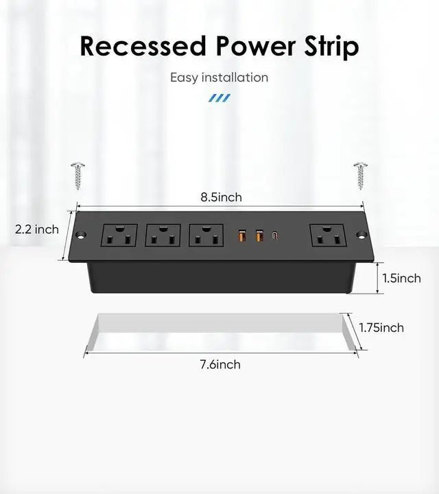 Alt view image 7 of 7 - VILONG Recessed Power Strip with PD 20W USB-C, Flush Mounted Drawer Outlet, 4 Outlets & 3 USB Ports, Conference Desktop Built in Power Strip, 6.5FT Extension Cord(Black)